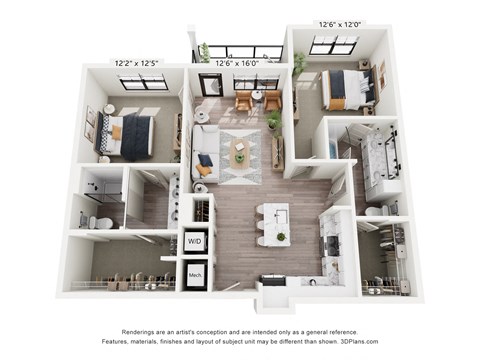 Floor plan for 2 beds, 2 baths, 1164 sqft